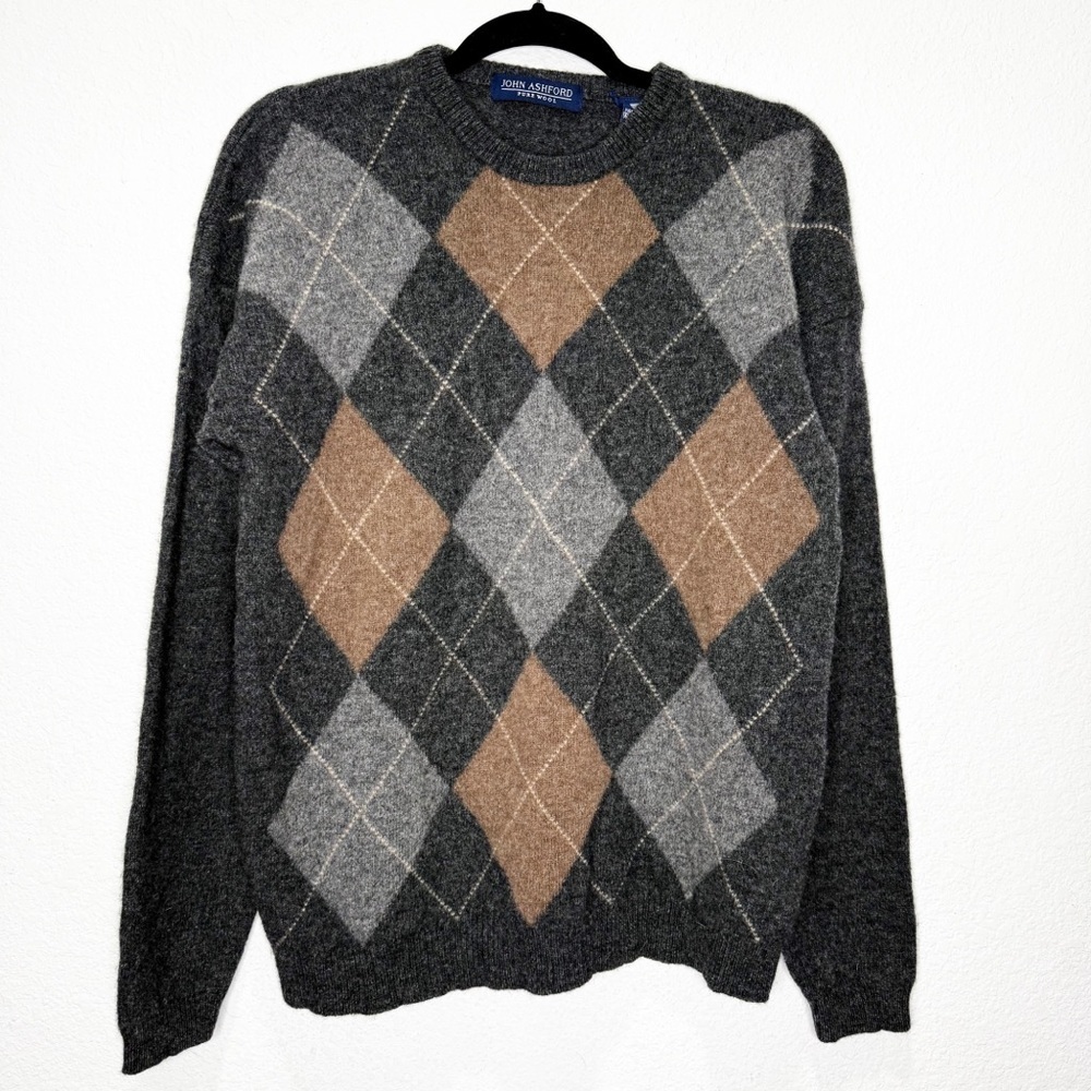 Vintage John Ashford 100% Wool Woolmark Argyle Grandpa Pull On Crew Sweater